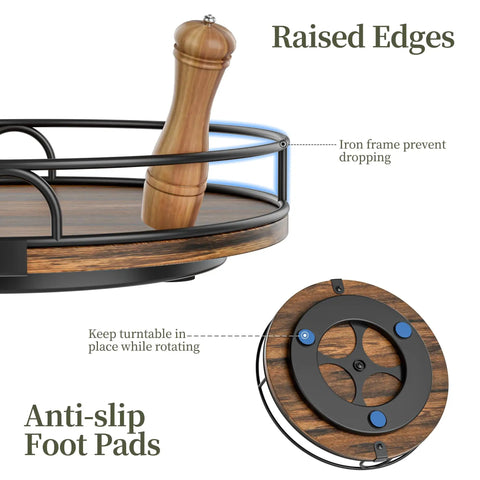 9 Inch Wooden Lazy Susan Turntable Organizer with anti-slip foot pads and raised iron edges for spice jars and cans