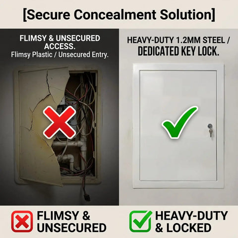 Heavy Duty 14X20 Galvanized Steel Access Panel With Keylock Cover For Drywall Openings And Utility Rooms comparison of flimsy plastic vs sturdy steel.