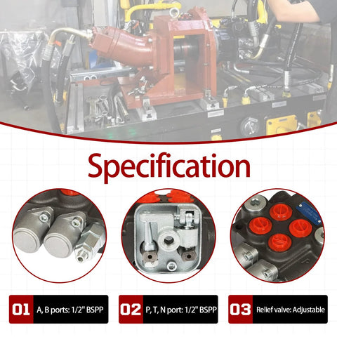 Front view of red two-spool hydraulic control valve with BSPP ports and hoses.
