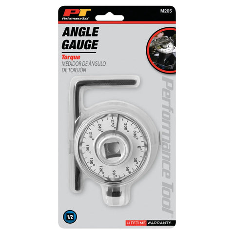Torque Angle Gauge For One Half Inch Drive Tools With 360 Degree Scale In Two Degree Increments, Adjustable Arm In Two Lengths, Chrome Steel Build For Tough Auto Shop Jobs. Packaged 1/2 drive angle gauge with 360° dial