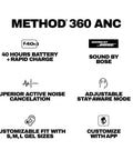 Features of Method 360 ANC Wireless Earbuds With Bose Sound, Bluetooth Headphones, Premium Noise Cancelling, Up To 40 Hours Battery, Sweat And Water Resistant, Built In Microphone For iPhone Android, True Black