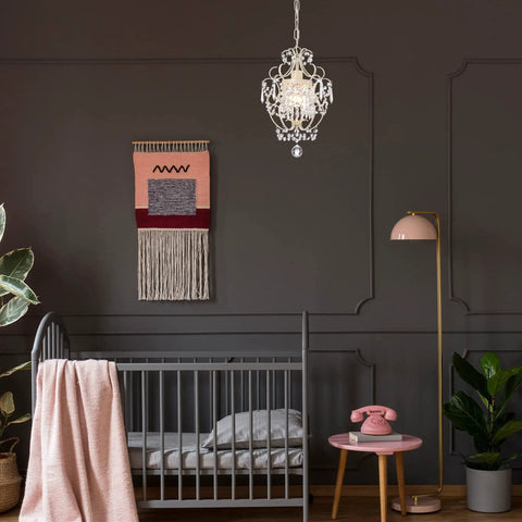 Glam Crystal Mini Chandelier With Ivory Hardware One Light Ceiling Fixture in elegant nursery setting with crib.