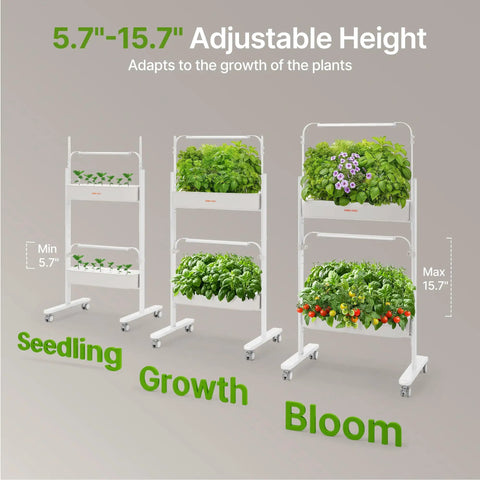 Adjustable height 2 Tier Indoor Hydroponics Growing System Kit with 24 Pods and full spectrum grow lights stages seedling growth bloom.