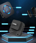 Wireless Door Chime Sensor With 26 Ringtones, LED indicator, receivers, and sensors displayed on a blue platform with labels