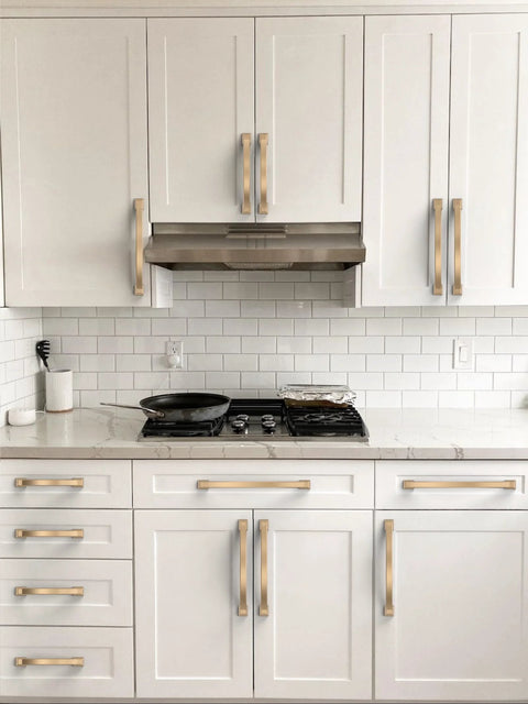 Installed 10 Pack Champagne Bronze Cabinet Pulls 3 Inch Solid Zinc Alloy Cabinet Handles on white kitchen cabinets