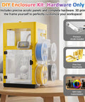 Badass Laser Cut Acrylic Enclosure Kit For Flashforge 3D Printer Dust Shroud Safety Cover Upgrade Mod With Full Hardware Pack And Quick Guide. Yellow DIY kit displayed with acrylic panels and filament.