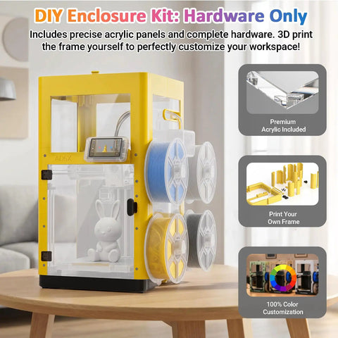 Badass Laser Cut Acrylic Enclosure Kit For Flashforge 3D Printer Dust Shroud Safety Cover Upgrade Mod With Full Hardware Pack And Quick Guide. Yellow DIY kit displayed with acrylic panels and filament.
