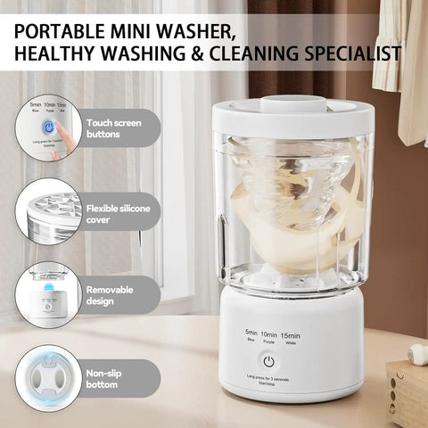 No Sweat Rechargeable Mini Washing Machine For Underwear And Makeup Brushes Super Portable Laundry Savior Quick Rinse with touch controls.
