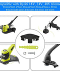 Weed Eater Bladed Trimmer Head With Fixed Dual Blades For Ryobi 18V 24V And 40V Trimmers Fits RY40210 RY40210A ACFHRL2 Includes Six Replacement Blades Easy Install shown with trimmer installation views and additional parts