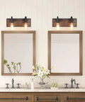 Farmhouse Vanity Sconce Lighting Fixture With Rustic Wall Lamp For Bathroom, Black Matte Steel And Solid Wood Blend