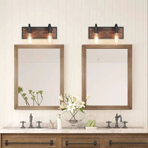 Farmhouse Vanity Sconce Lighting Fixture With Rustic Wall Lamp For Bathroom, Black Matte Steel And Solid Wood Blend