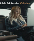 Game Changing Portable Bluetooth Printer With No Hassle Inkless Thermal Tech for use in vehicles with a woman working on a laptop.