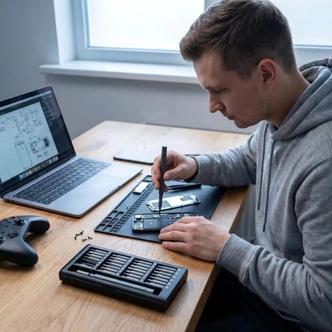 Person using 25 In 1 Precision Screwdriver Set For Electronics With Magnetic Handle And Anti Slip Grip on smartphone.