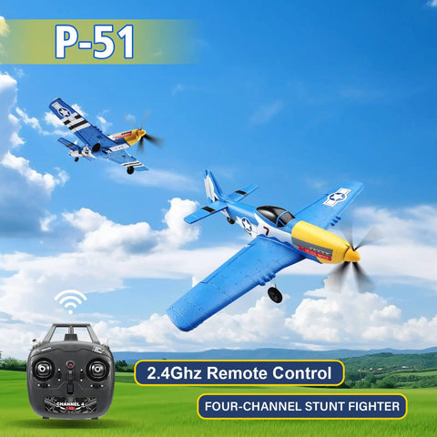 P51D Mustang RC Plane 4 Channel Fighter With 6 Axis Gyro Stabilization flying; includes remote control