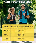 Ultra Lightweight Hydration Vest For Running With 500ml Soft Flask, Phone Holder, showing size chart and runners outdoors
