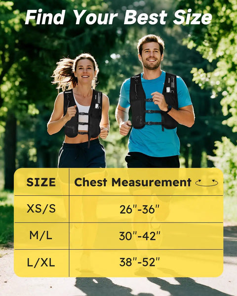 Ultra Lightweight Hydration Vest For Running With 500ml Soft Flask, Phone Holder, showing size chart and runners outdoors