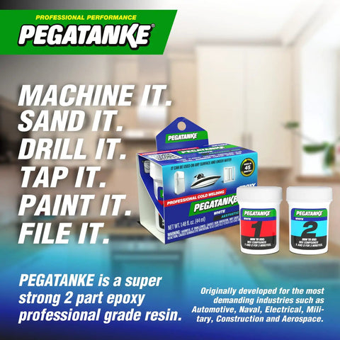 White Two Part Epoxy Resin For Cold Welding And Waterproof Bonds Heavy Duty High Strength Adhesive For General Repair Plastic And Metal Surfaces Heat Resistant Epoxy Glue 1.48 Oz Kit packaging with bottles and box in background.