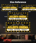 Size reference for Adler's Cinema signs with decorative yellow lights, shown in various dimensions above a couch with movie-themed decor.