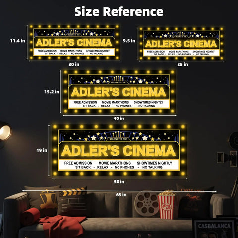 Size reference for Adler's Cinema signs with decorative yellow lights, shown in various dimensions above a couch with movie-themed decor.