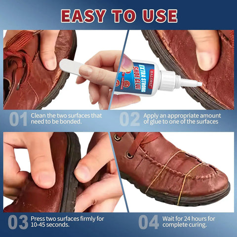 Heavy Duty Shoe Glue For Soles And Shoes Quick Dry Instant Adhesive With Anti Clog Cap applied to leather shoe for repair
