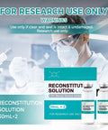 Front view: two 30mL glass vials labeled Reconstitution Solution beside teal box.