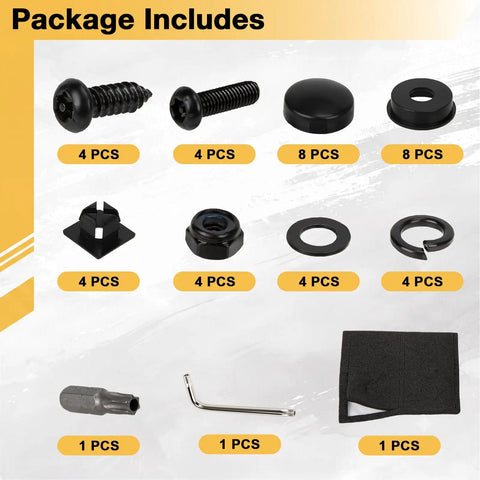 Pro Grade Anti Theft License Plate Screws Set includes black screws, washers, and a wrench for secure tag mounting.
