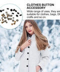 10 Sets Copper Covered Button Kit For Clothes, Bags, And Coats displayed above woman in snowy setting with coat
