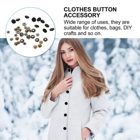 10 Sets Copper Covered Button Kit For Clothes, Bags, And Coats displayed above woman in snowy setting with coat