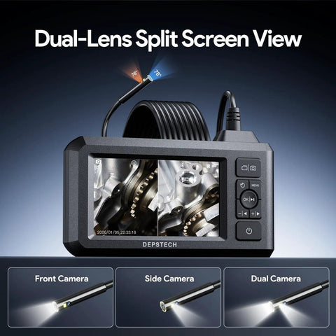 Dual Lens 1080P Endoscope Camera with Light 4.3 Inch IPS Display and 16.5 Foot Snake Cable Waterproof Borescope split screen view
