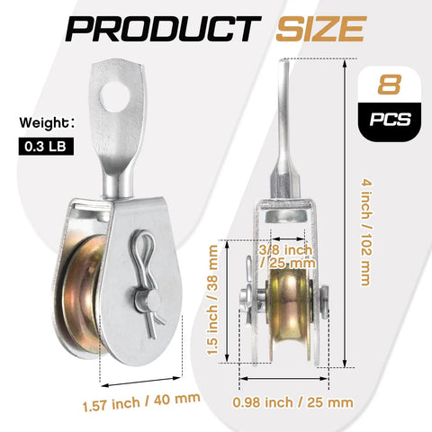 8 Pack Single Pulley Block Wheel 4 Inch Heavy Duty Zinc Plated Iron 360 Degree Swivel Pulley Roller dimensions view