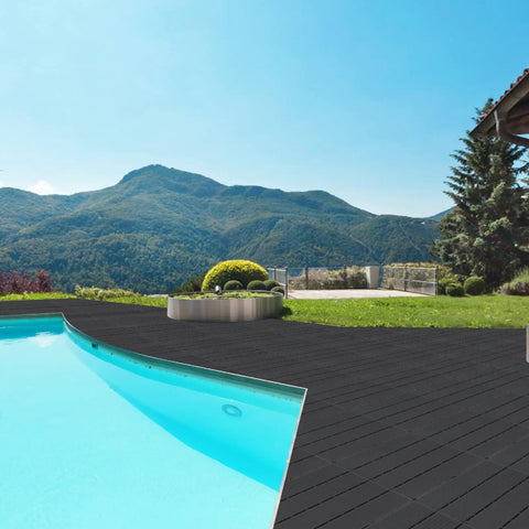 Interlocking Plastic Deck Tiles 12x12 Inches Pack of 20 All Weather Outdoor Indoor Waterproof Pavers for Pool Balcony Backyard Patio and Pathway in Charcoal Gray No Fuss Easy Install Low Maintenance