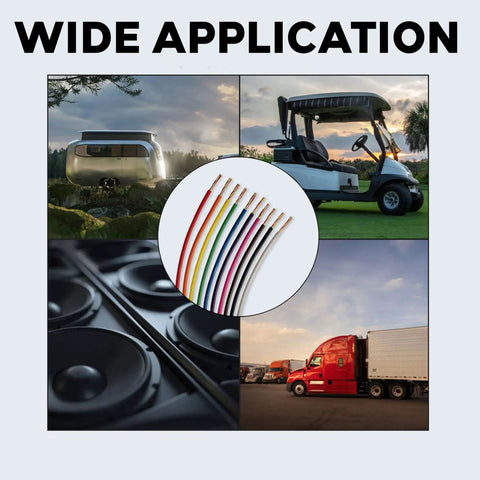 Collage of 16 Gauge Car Wiring Bundle Pack For Power And Ground Audio And Lighting Circuits with vehicle applications