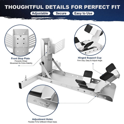 Heavy Duty Aluminum Motorcycle Front Wheel Chock Stand For 15 To 25 Inch Tires, Supports Up To 3000 Lbs, Adjustable Hole Design