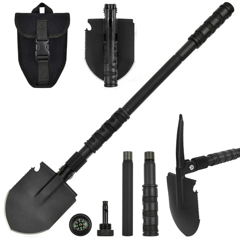 Folding Shovel With Pickaxe And Multi Tool Saw, Whistle, Compass And Bottle Opener, High Carbon Steel, 24 Inch Off Road Emergency Shovel In Portable Bag For Digging, Backpacking, Hiking, Gardening, And Other Outdoor Adventures