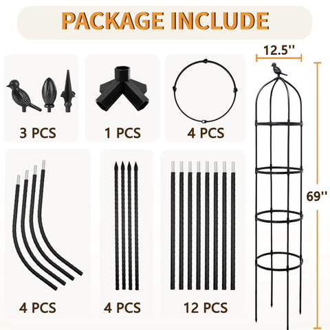 6Ft Adjustable Garden Obelisk Trellis With Four Rings And Decorative Tops Dope Rustproof Black Metal Plant Support package contents