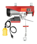 Heavy Duty Electric Hoist With Remote Control For Lifting Engines And Heavy Gear At The Garahage Or Shop, built for tough jobs, red and silver design.