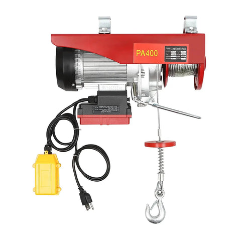 850 Watt Electric Hoist Cranes With Wired Remote For Heavy Lifts Up To 880 Lbs Waterproof Wireless Control with yellow remote and hooks.