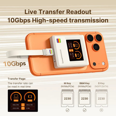 Classic Retro M2 NVMe PCIe Magnetic SSD Enclosure with LCD panel connected to smartphone, showcasing transfer speeds.