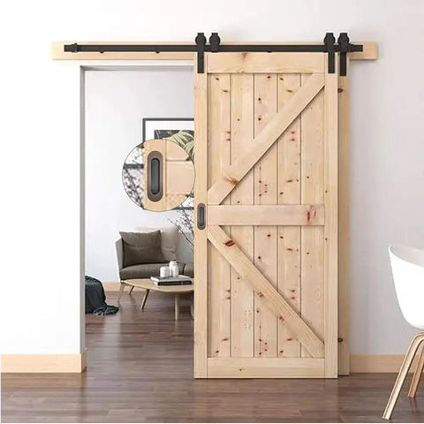 6 Inch Recessed Flush Pull Door Handle For Sliding And Pocket Closet Doors, installed on a wooden sliding barn door, oval pocket finger pull visible