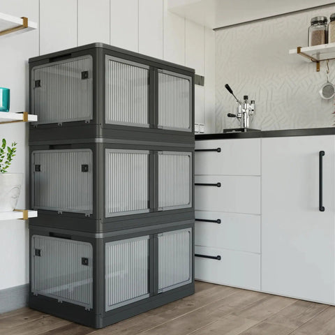 Game Changer 506QT Four Pack Stackable Closet Bins With Grippy Rollers And Five Accordion Doors Made From Clear Collapsible Plastic For No Sweat Tool Free Crafting Storage That Looks Sick In Any Room
