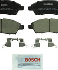 Bosch BC1592 QuietCast front brake pad set for Nissan Versa Versa Note; includes ceramic pads, hardware, and lubricant.