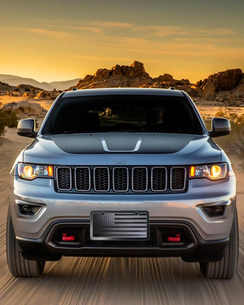 SUV with USA Flag Front Bumper License Plate with Black Aluminum Tag Frame Cover, 3D Embossed Stars and Stripes