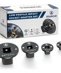 Low Profile Impact Socket Adapter Set For Tight Spaces Lets You Convert Drive Sizes From Three Eighths To Half Inch And From One Quarter To Three Eighths And From Three Quarters To One Inch And From One Half To Three Quarters Four Pack For Pros shown with box and four adapters