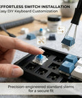 Blue 3 Pin Keyboard Clickers For 3D Printing Projects With Switch Puller And Brush shown being installed on a keyboard