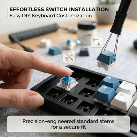 Blue 3 Pin Keyboard Clickers For 3D Printing Projects With Switch Puller And Brush shown being installed on a keyboard