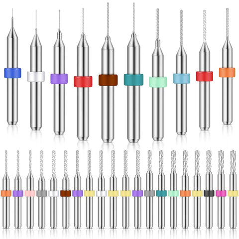 Pro Grade 30 Pc Shank Tungsten Carbide Micro Drill Bit Set For PCB Milling And Jewelry Engraving displayed in rows, various sizes from 0.1mm to 3.0mm.
