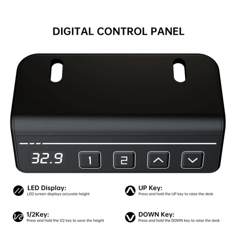 Digital control panel of LongKe Electric Standing Desk 32X20 Inches Adjustable Height Sit Stand Desktop showing LED display and buttons.