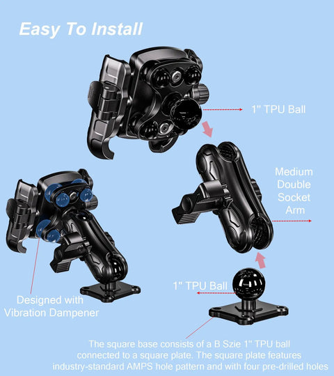 Diagram of Anti Vibration Phone Mount With Vibration Dampener And 1s Lock Release, featuring AMPS square base and medium arm