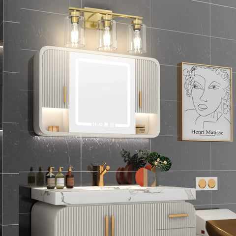 Brushed Brass Modern Bathroom Light Fixtures With Clear Glass Shade Three Light Vanity Wall Sconce above mirror