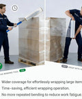 Heavy Duty Stretch Film Dispenser Pole Holder With 48 Inch Reach For Easy Pallet Wrapping, Fits 2 To 3 Inch Core Rolls And 12 To 24 Inch Lengths, Durable Steel Frame, Ergonomic Handle, Fast Fuss Free Warehouse Wrapping; worker wrapping pallet